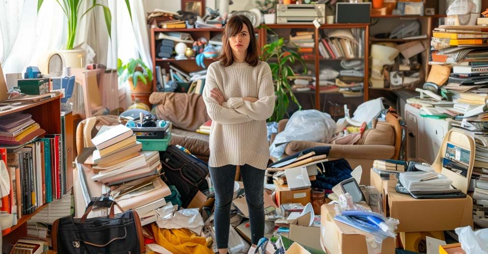Woman standing in cluttered home with arms folded.
